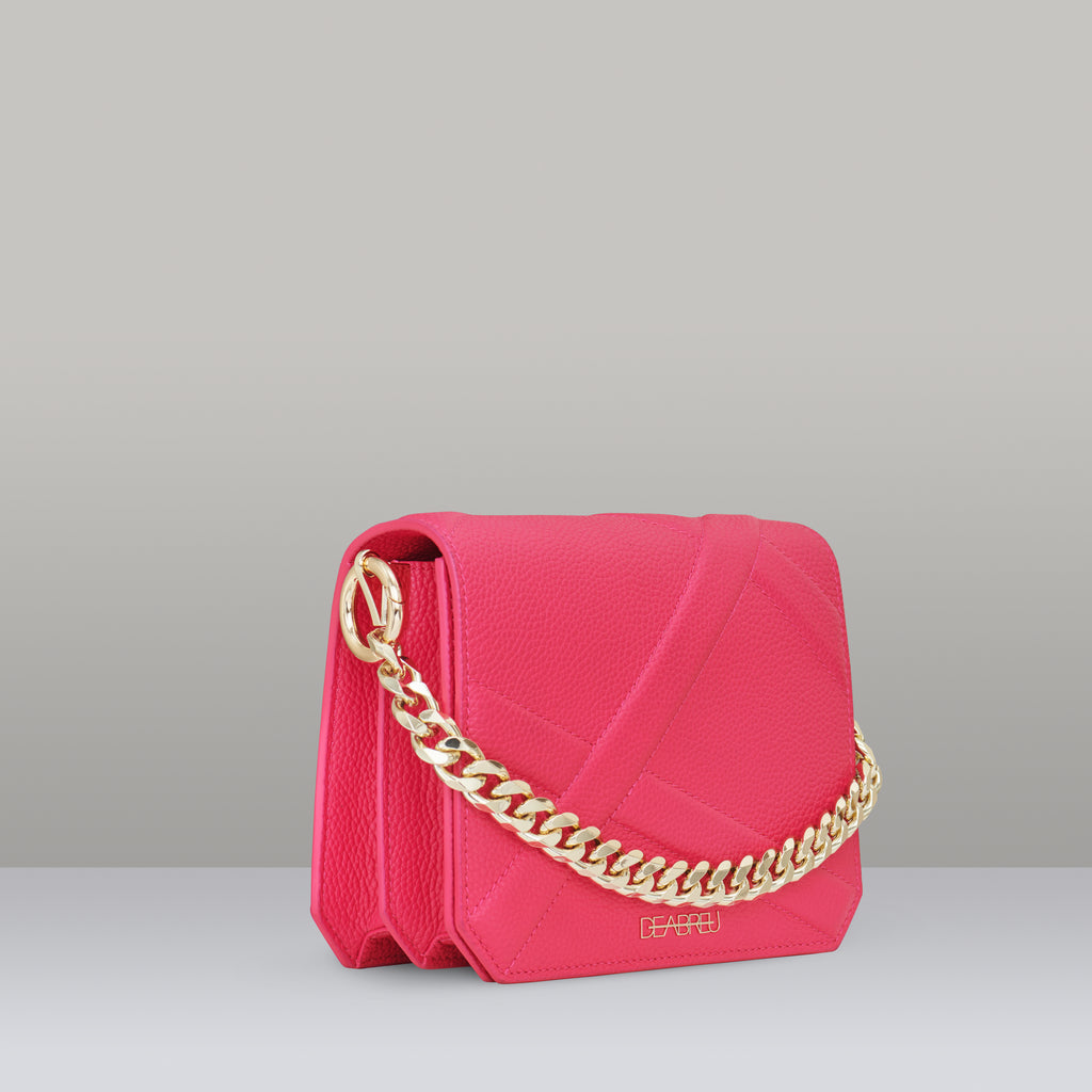 Side view of pink leather Cross Body Bag X-Line with gold metal chain and cotton strap