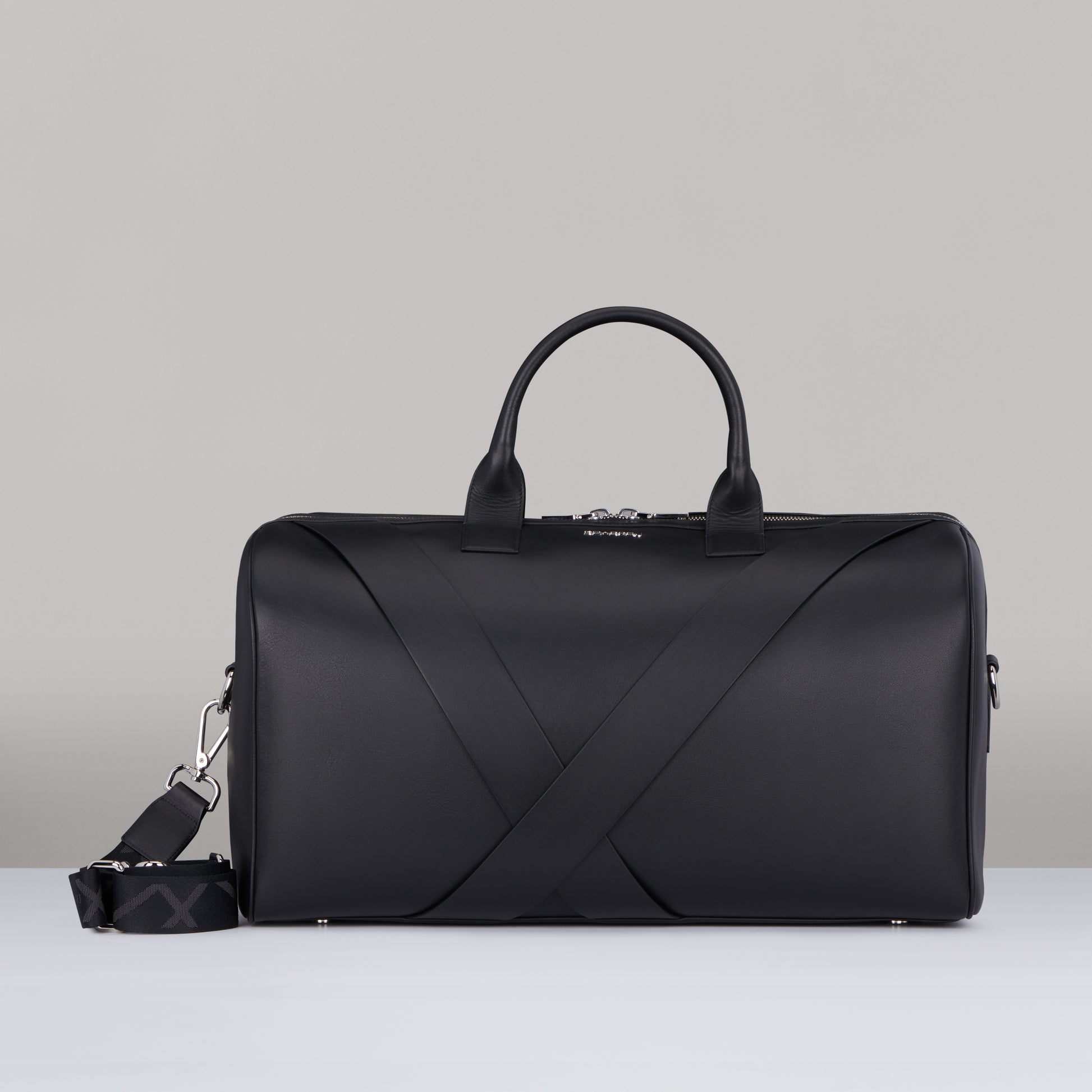 Black Leather Travel Duffle Bag by Deabreu Italy - front view