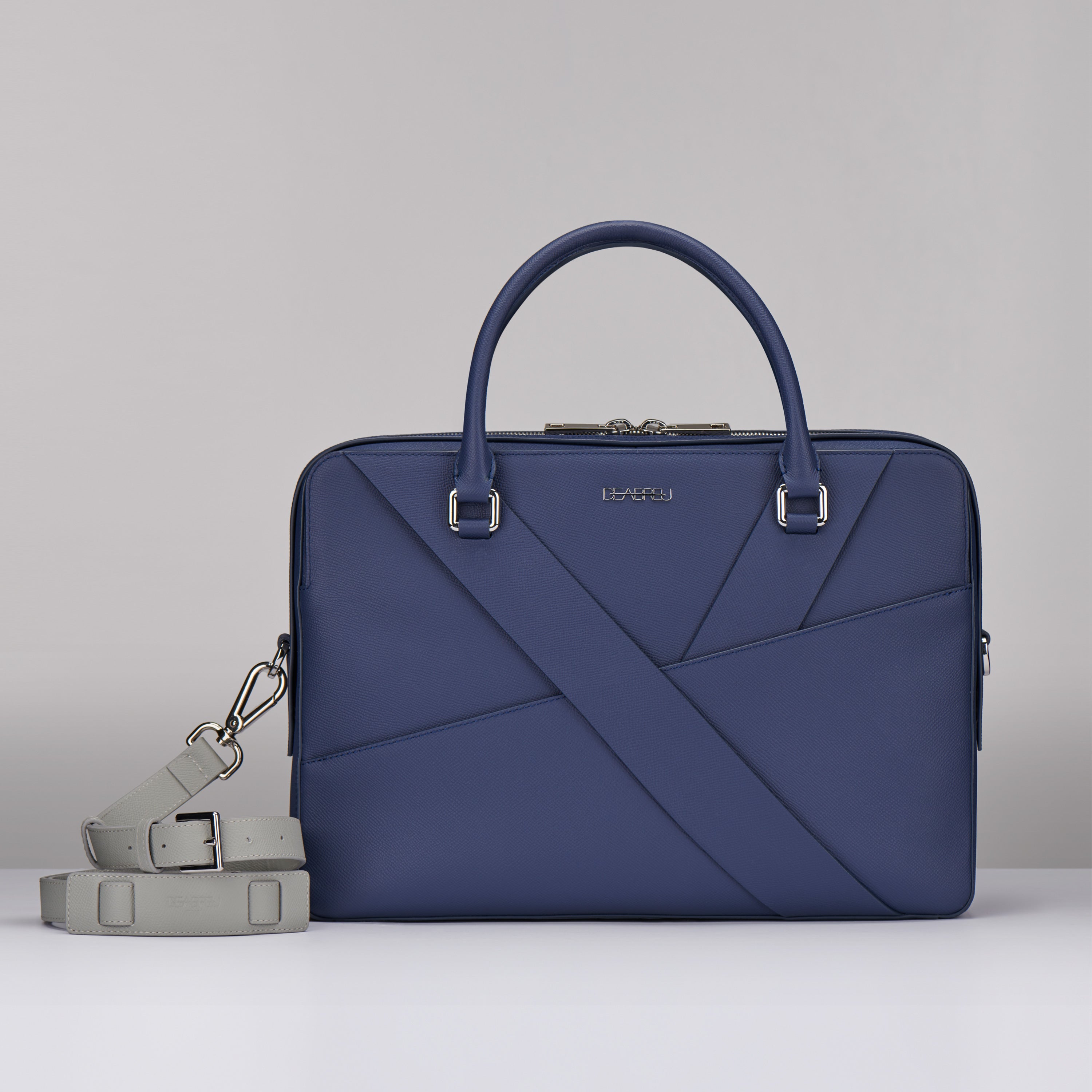 Blue Saffiano Leather Diagonal Briefcase by Deabreu Italy - front view