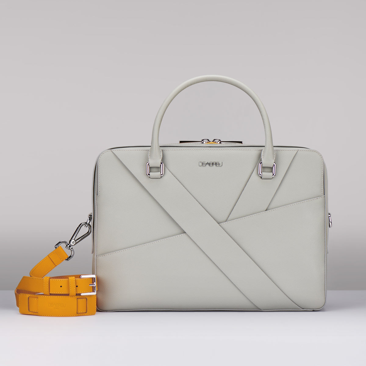 Gray Saffiano Leather Business Briefcase by Deabreu Italy - front view