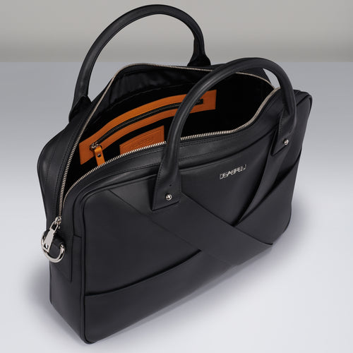Interior of Deabreu Italy Black Calf Leather Business Briefcase showing laptop compartment and pockets