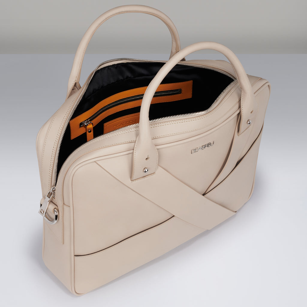 Interior of Deabreu Italy Taupe Calf Leather Business Briefcase showing laptop compartment and pockets