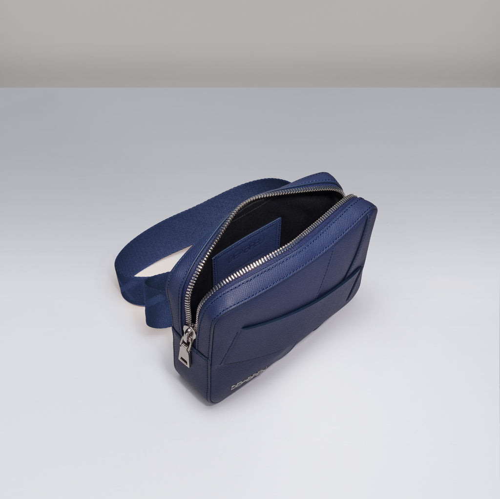 Interior of Deabreu Italy Blue Saffiano Leather Crossbody Bag showing compartments